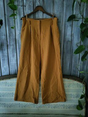 FRENCH PARIS 100% Cotton Mustard Yellow Wide Leg Trousers With Pockets XL